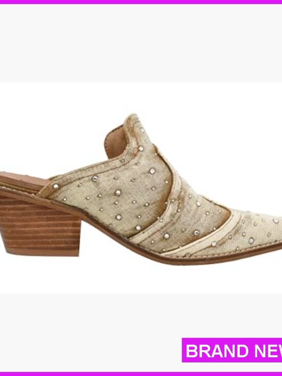 Chic Western Mules with Rhinestone Upper Pointed Toe Block Heel Comfort - Picture 3 of 7